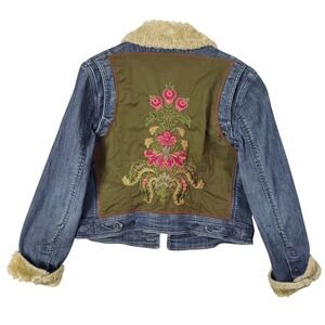 Tommy Hilfiger Vintage Y2K Denim‎ Trucker Jacket Faux Fur Embroidered Womens L